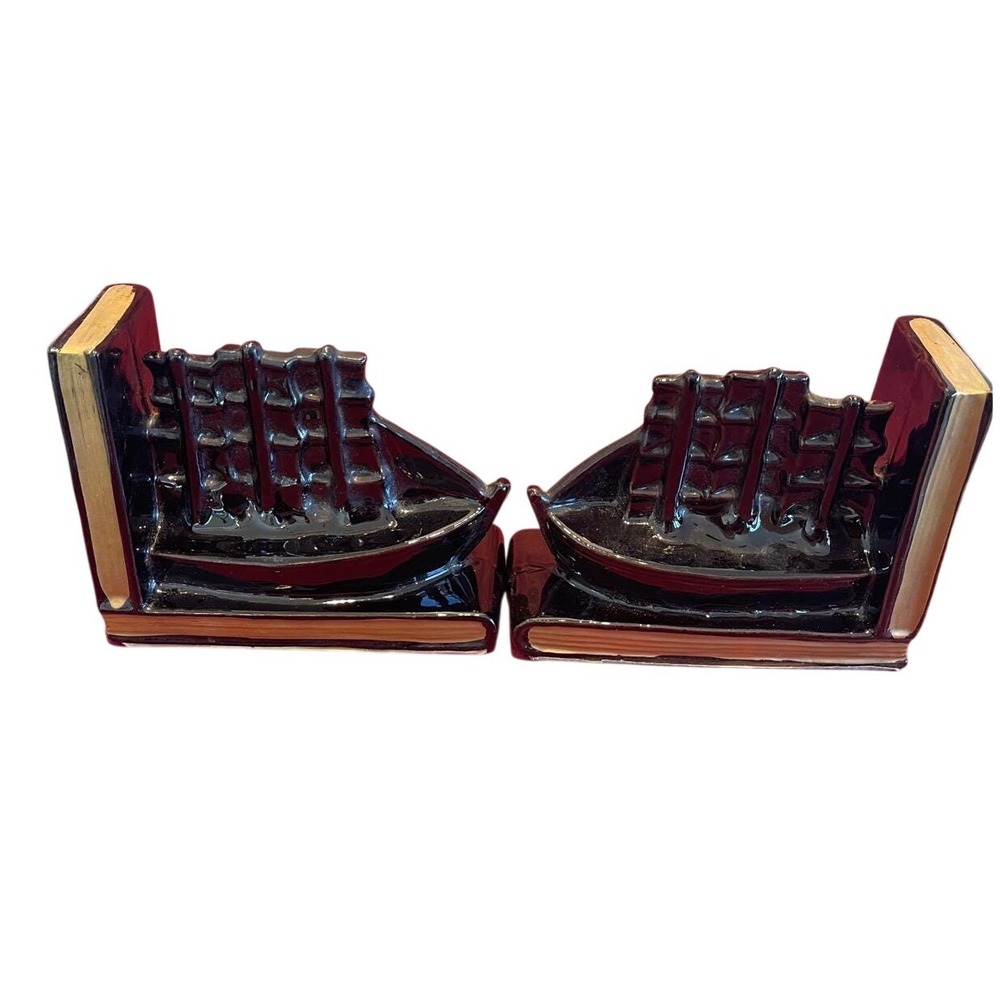 Vintage Ceramic Sailing Ship Bookends Black Gold Nautical Galleon Japan Pair - Picture 5 of 6